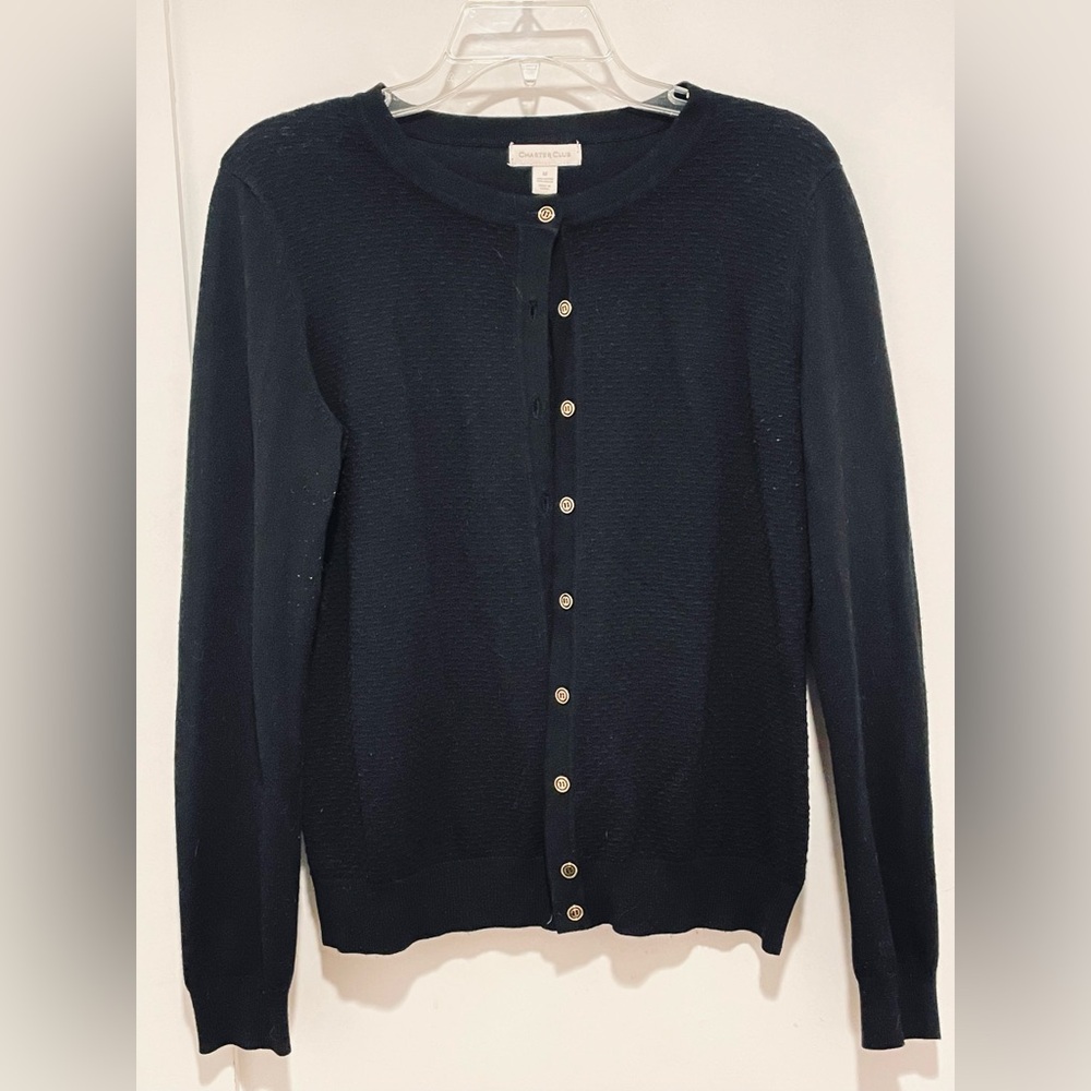 Charter Club Black Cardigan Sweater w Gold Buttons. Textured Front | EUC Sz M